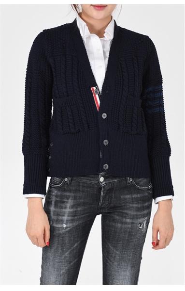 Thom Browne Aran Cable Classic Fit V-Neck Cardigan in Fine Merino Wool with 4-Bar