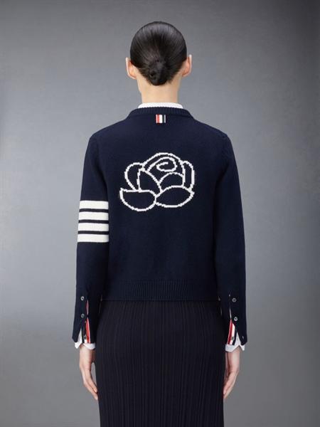 Thom Browne Crewneck Cardigan Merino Wool 4-Bar Rose Icon