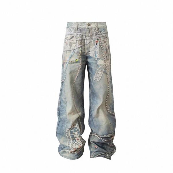 YadCrew Streetwear Baggy Jeans Unisex Retro Wide Leg Pants with Print Design