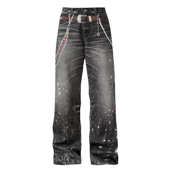 YadCrew Streetwear Baggy Jeans Unisex Retro Wide Leg Pants with Print Design